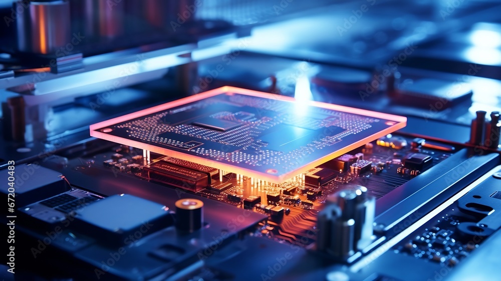 Poster Close-up of Silicon Die are being Extracted from Semiconductor Wafer and Attached to Substrate by Pick and Place Machine. Computer Chip Manufacturing at Fab. Semiconductor Packaging Pr : Generative AI