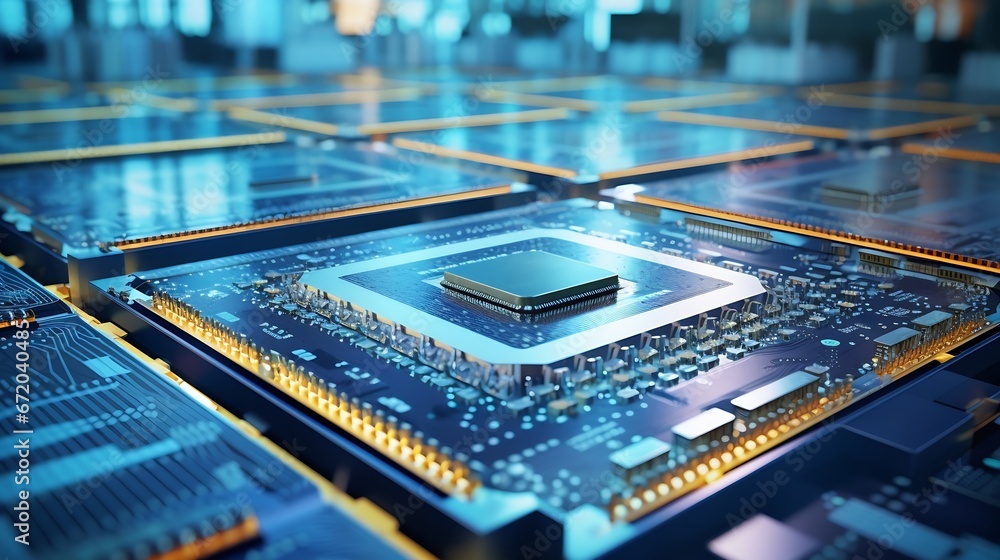 Fototapete Shot of Computer Processor Production Line at Advanced Semiconductor Foundry in Bright Environment. Microchip Factory. : Generative AI