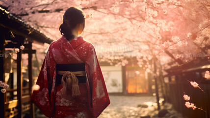 Fototapeta premium asian woman in a Japanese kimono walks under a cherry blossom tree ,generative ai