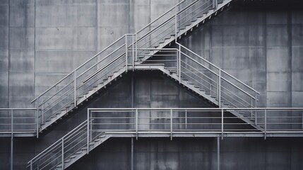 Close-up of a metal fire escape staircase, facade of building in grey metal tiles. : Generative AI