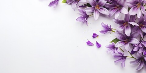 Purple flowers on white background with copy space. The white background with bunch of purple flowers and place for text. The concept of purple flowers and white background. : Generative AI