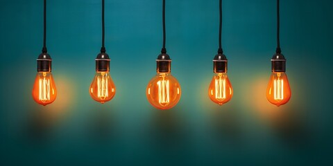 Idea and leadership concept Vintage incandescent Edison type bulbs on color wall : Generative AI