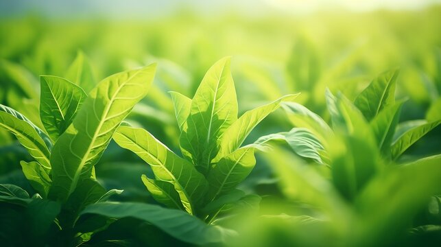 Tobacco plantation with lush green leaves. Super macro close-up of fresh tobacco leaves. Soft selective focus. Artificially created grain for the picture : Generative AI