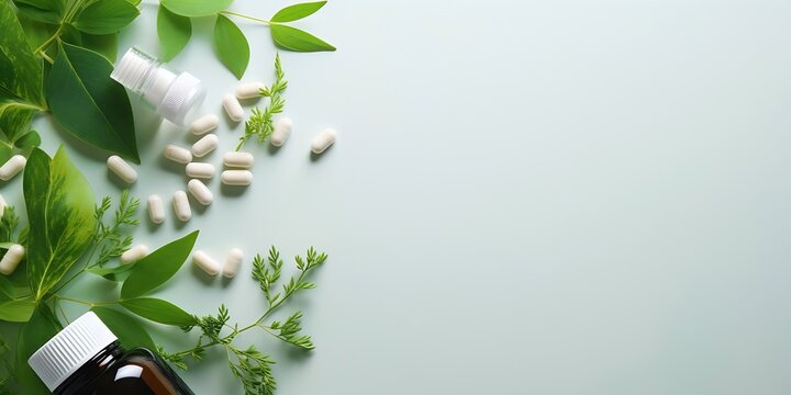 supplement pills with medicine bottle health care and medical top view. Vitamin tablets. Top view mockup bottle for pills and vitamins with green leaves, natural organic bio supplement : Generative AI