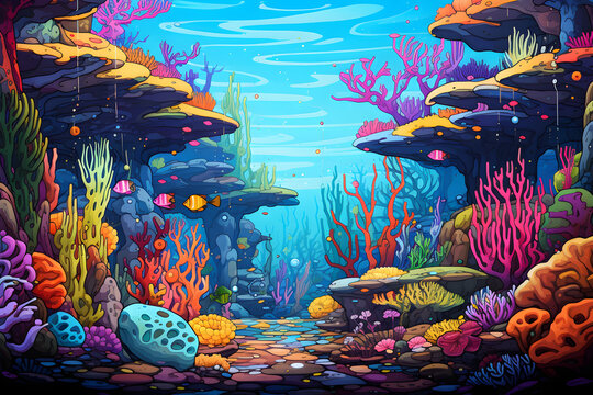 colourful cartoon style painting of the underwater ocean reef landscape, a picturesque natural environment in bright colours