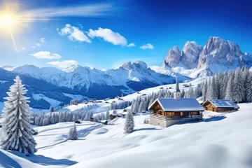 Foto op Plexiglas Bright winter view of Alpe di Siusi village. scene of Dolomite Alps © Kien