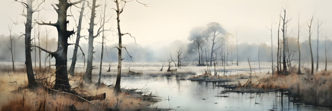watercolour painting of the swamp landscape, a picturesque natural environment in soft harmonious colours