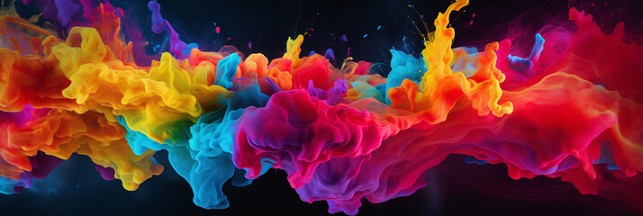 A wide-format banner featuring a colorful explosion and splash in vibrant rainbow colors, resembling liquid motion.