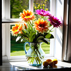 Beautiful flowers in a vase by the window, illuminated by the spring sunshine.(Generative AI)