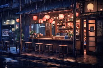 anime-inspired art style, Tokyo ramen shop glows warmly on a tranquil evening, with traditional Asian lofi architectural elements - obrazy, fototapety, plakaty