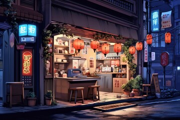 anime-inspired art style, Tokyo ramen shop glows warmly on a tranquil evening, with traditional Asian lofi architectural elements - obrazy, fototapety, plakaty