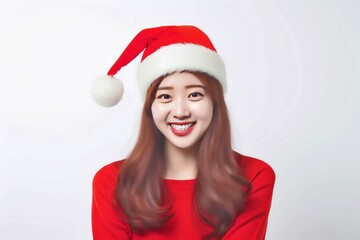 a young korean woman model exudes joy wearing a red santa cap hat at christmas  on white background