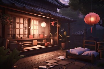 anime-inspired art style, japanese house glows warmly on a tranquil evening, with traditional Asian lofi architectural elements