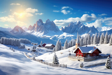 Bright winter view of Alpe di Siusi village. scene of Dolomite Alps