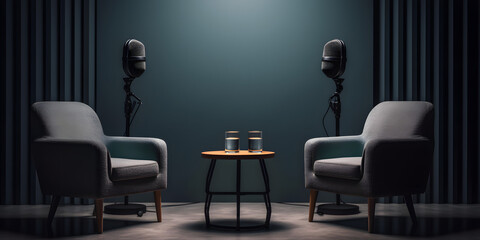 two chairs and microphones in podcast or interview room isolated on dark background as a wide banner for media conversations or podcast streamers concepts with copy space