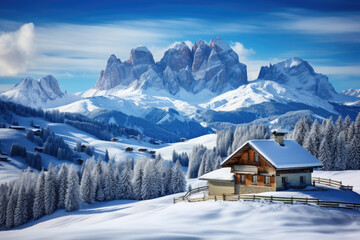 Bright winter view of Alpe di Siusi village. scene of Dolomite Alps