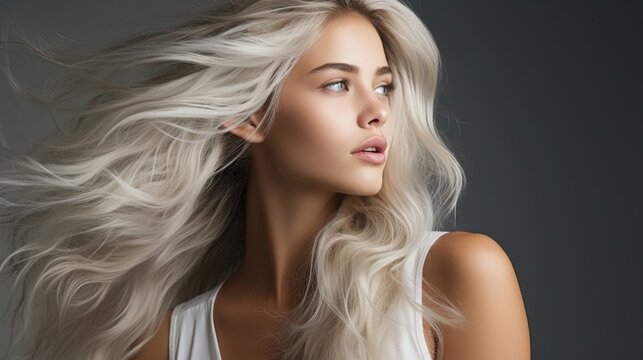 Portrait of beautiful blonde young woman with long hair on grey dark background
