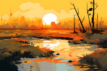 colourful cute and simple painting of the swamp landscape, a picturesque natural environment in bright colours