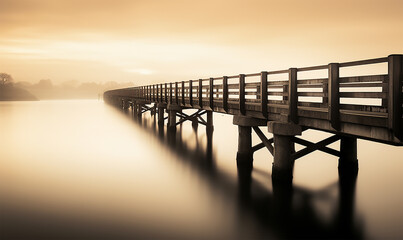 Fototapeta na wymiar a bridge over water at sunset