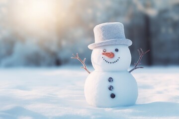 Happy snowman standing in winter landscape. Merry christmas and happy new year greeting card with copy space. Snow background. Winter fairytale.