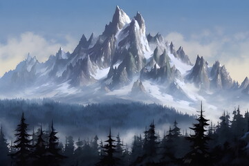 Rocky mountain with snow on the top in taiga pine forest landscape, Digital fantasy art - obrazy, fototapety, plakaty