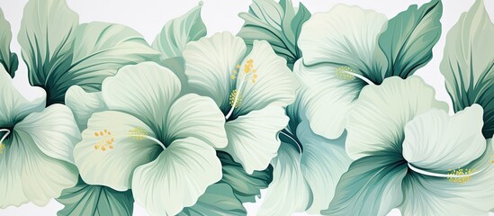 A pattern of tropical flowers depicted seamlessly in a combination of neutral and green hues specifically featuring hibiscus blooms - obrazy, fototapety, plakaty