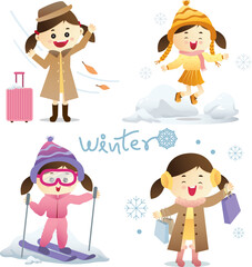 Vector set of winter season activities.The tourist with luggage,Enjoy the snow,Skiing,Shopping.Cute charactor design.Isolated vector.Create for content,weekend,holiday,travel,back to school.