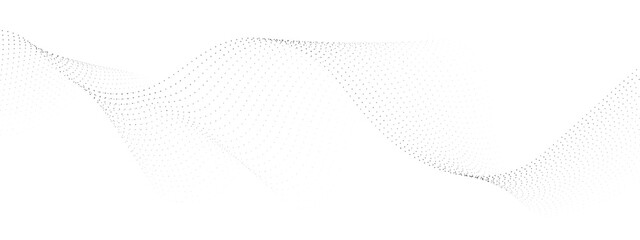 Abstract flowing dots particles wave curved lines on transparent background. Black halftone gradient smooth curve line shape background. Design for frequency sound, technology, science, banner, busine