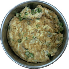 Thai style omelet, egg with long bean mixed in Pinto, Thai lunch Box, isolated on white background
