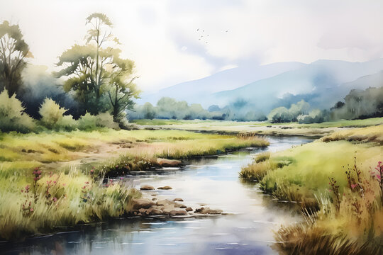 watercolour painting of the river landscape, a picturesque natural environment in soft harmonious colours