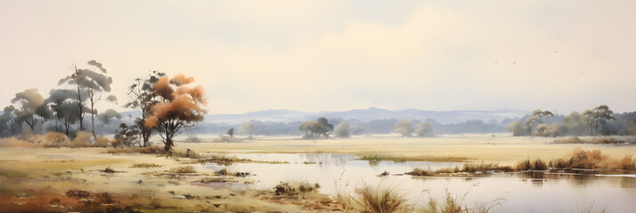 watercolour painting of the river landscape, a picturesque natural environment in soft harmonious colours