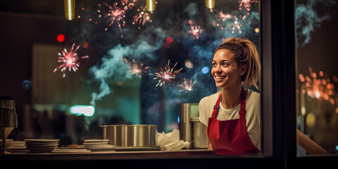Barista looking at fireworks from coffee shop window after busy day.