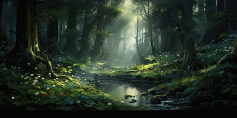 Fototapeta premium Forest woodland background backdrop wide angle trees magical mystical woodlands, generated ai