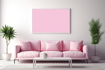 Interior with pink sofa and blank poster on the wall.
