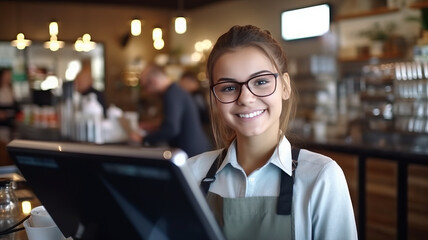 Smiling female cashier accepting payments. generative ai