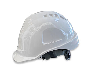 Fototapeta premium White safety helmet on white background Front view of new white helmet isolated on white background. Crossing path.