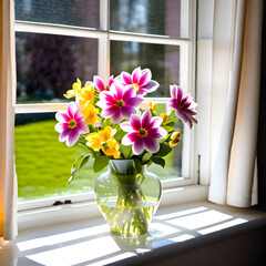 Beautiful flowers in a vase by the window, illuminated by the spring sunshine.(Generative AI)