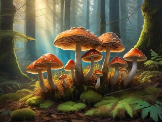 Enchanting Forest Scene: Vibrant Mushrooms Sprouting Amidst Moist Mossy Floor. Generative AI.