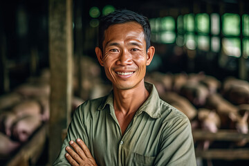 A smiling asian male pig farmer stands with his arms folded in the poultry shed ,generative ai - obrazy, fototapety, plakaty