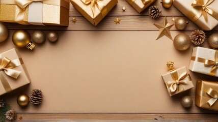 Festive Delights: Gift Boxes and Christmas Decor on Rustic Wood Background. Generative AI.