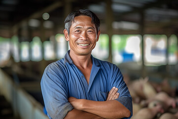 A smiling asian male pig farmer stands with his arms folded in the poultry shed ,generative ai - obrazy, fototapety, plakaty