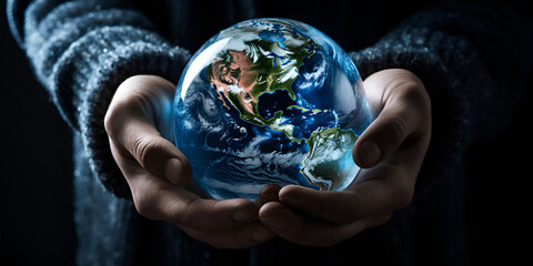 Close up of human hands holding Earth planet ,The earth in mans hand Save earth with your hand conceptYou can connect the world by your hand with generative ai
 - obrazy, fototapety, plakaty