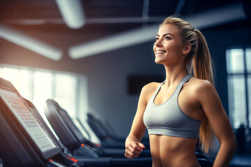 Fototapeta na wymiar Young sporty woman doing sport in the gym center, run on machine . Healthy lifestyle