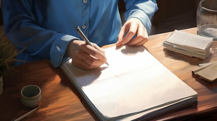 a woman hands holding a pen and women wear light blue colour sweater on the table - obrazy, fototapety, plakaty