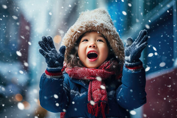 Excited happy asian girl outside under snow