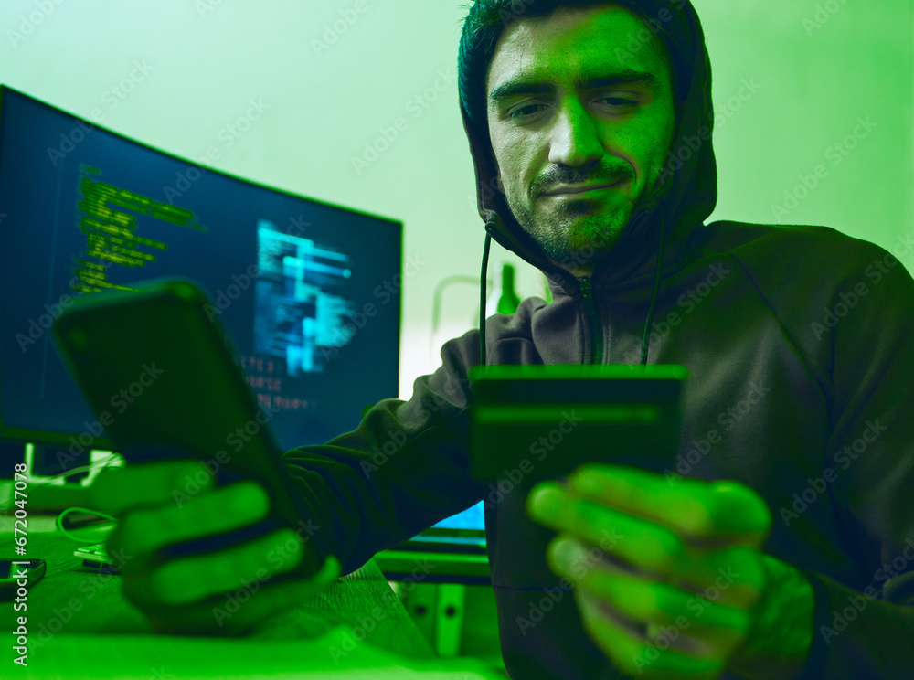 Poster man, phone or hacker with credit card for fraud, online scam or cybersecurity crime at night on dark