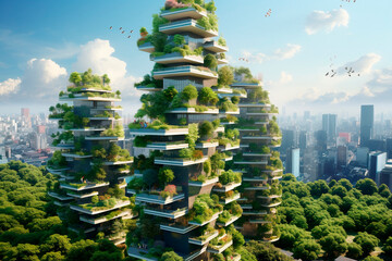 Obraz premium Skyscrapers in eco-friendly architecture. Sustainable relationship between nature and man.
