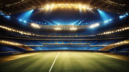 Empty soccer stadium with bright lights and blue sky