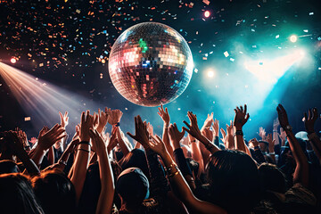 Party in concert stage with disco ball of the disco era - obrazy, fototapety, plakaty