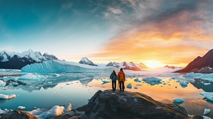 Naklejka na ściany i meble Hikers overlooking an arctic iceberg and glacier panorama with mountains in the background at sunset